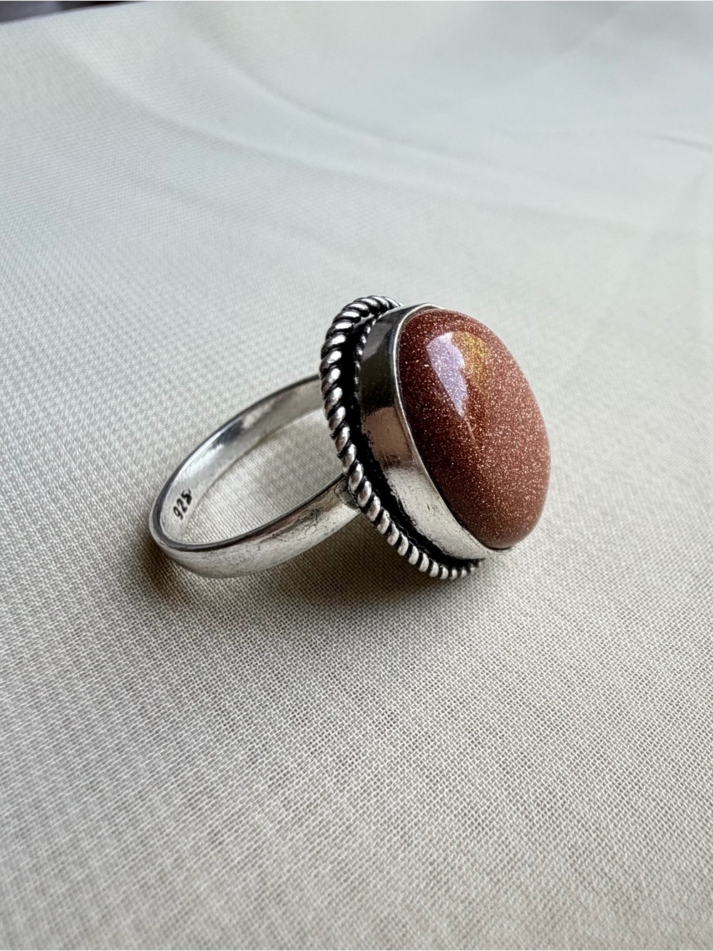 925 Sterling Silver Oval Brown Goldstone Rope Border Cocktail Ring - Size 9